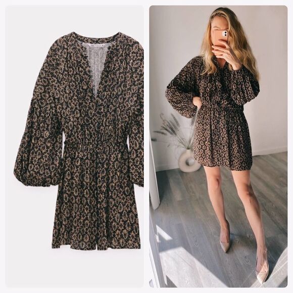 ZARA PRINT DRESS BALLOON SLEEVES NEW - Picture 1 of 3